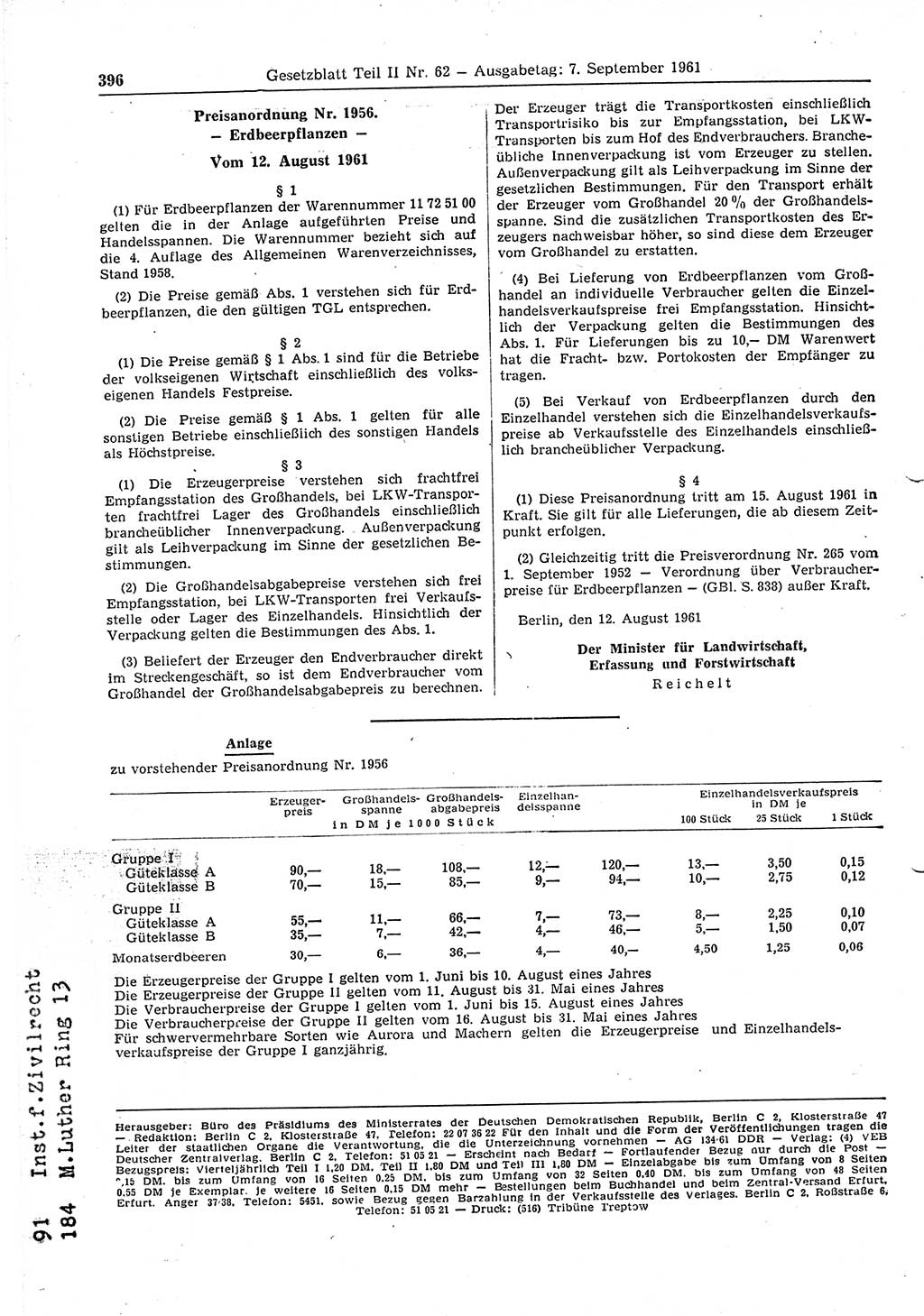Gesetzblatt (GBl.) der Deutschen Demokratischen Republik (DDR) Teil ⅠⅠ 1961, Seite 396 (GBl. DDR ⅠⅠ 1961, S. 396)