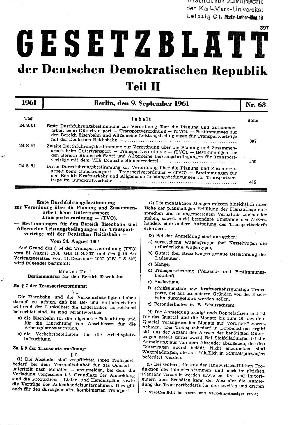 Gesetzblatt (GBl.) der Deutschen Demokratischen Republik (DDR) Teil ⅠⅠ 1961, Seite 397 (GBl. DDR ⅠⅠ 1961, S. 397)