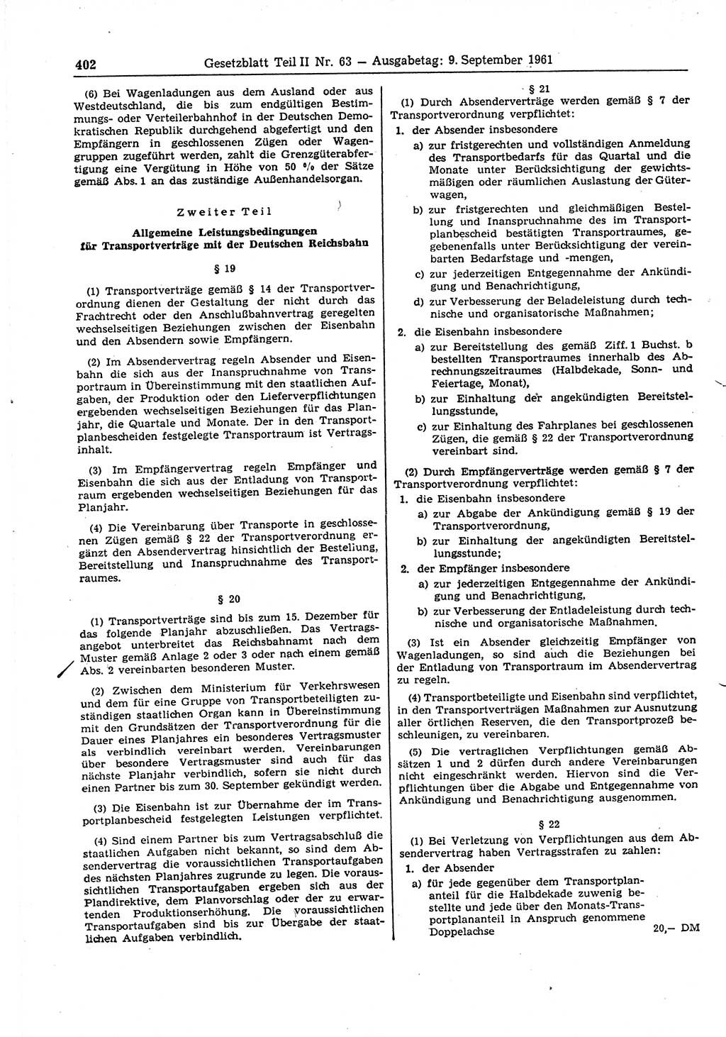 Gesetzblatt (GBl.) der Deutschen Demokratischen Republik (DDR) Teil ⅠⅠ 1961, Seite 402 (GBl. DDR ⅠⅠ 1961, S. 402)