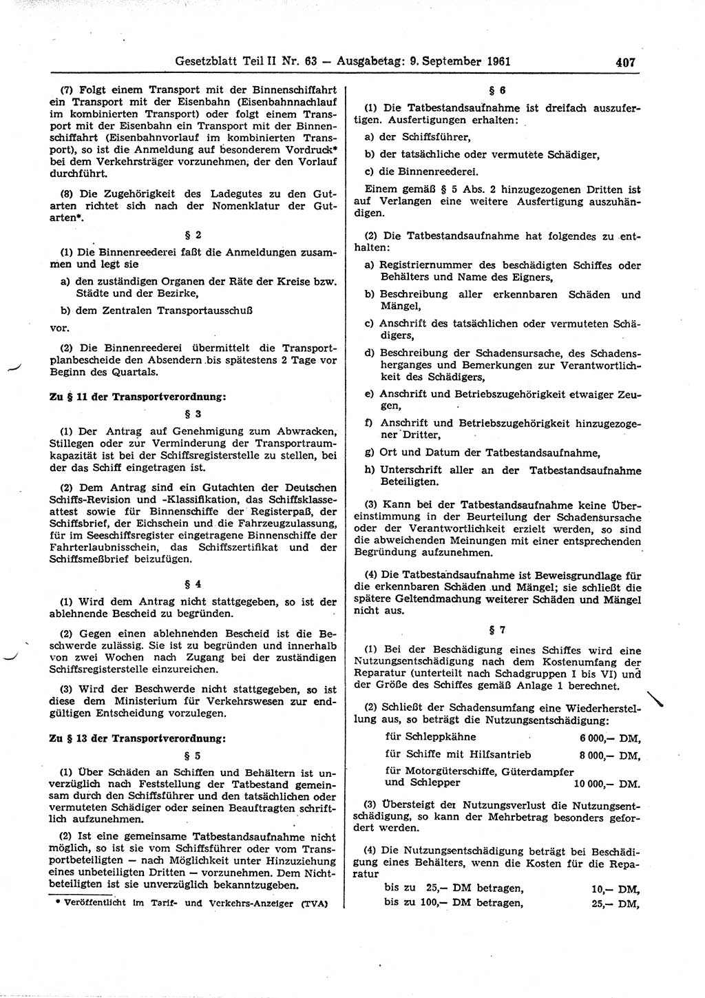Gesetzblatt (GBl.) der Deutschen Demokratischen Republik (DDR) Teil ⅠⅠ 1961, Seite 407 (GBl. DDR ⅠⅠ 1961, S. 407)