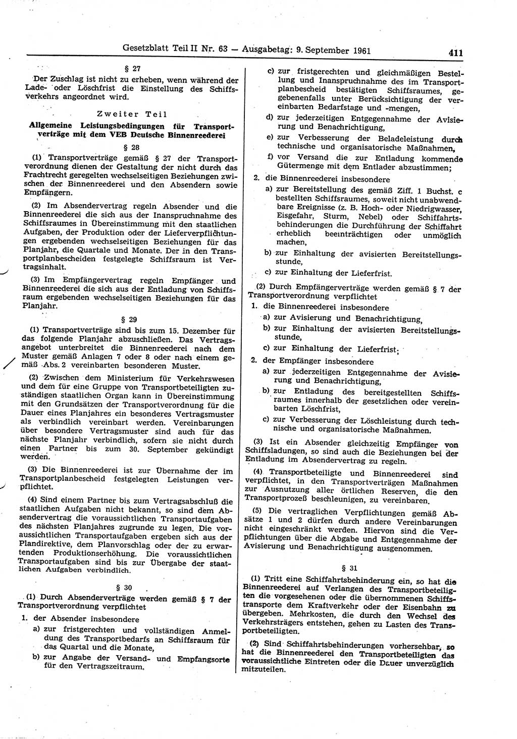 Gesetzblatt (GBl.) der Deutschen Demokratischen Republik (DDR) Teil ⅠⅠ 1961, Seite 411 (GBl. DDR ⅠⅠ 1961, S. 411)