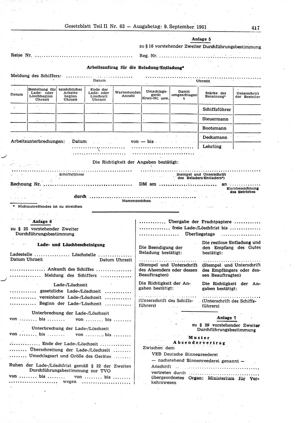 Gesetzblatt (GBl.) der Deutschen Demokratischen Republik (DDR) Teil ⅠⅠ 1961, Seite 417 (GBl. DDR ⅠⅠ 1961, S. 417)