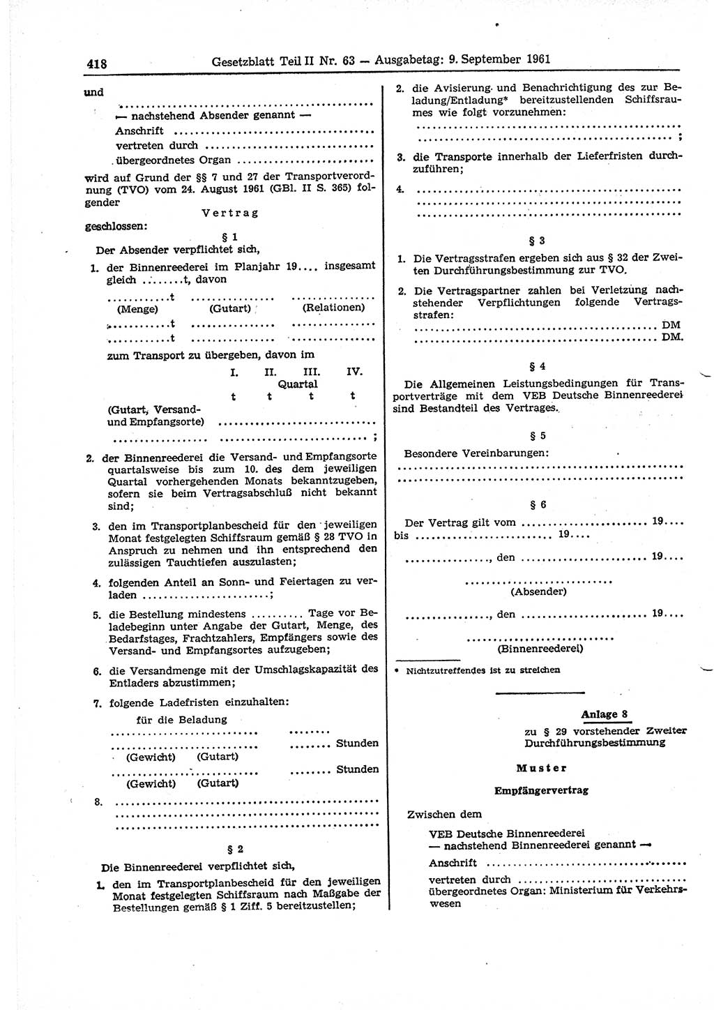 Gesetzblatt (GBl.) der Deutschen Demokratischen Republik (DDR) Teil ⅠⅠ 1961, Seite 418 (GBl. DDR ⅠⅠ 1961, S. 418)