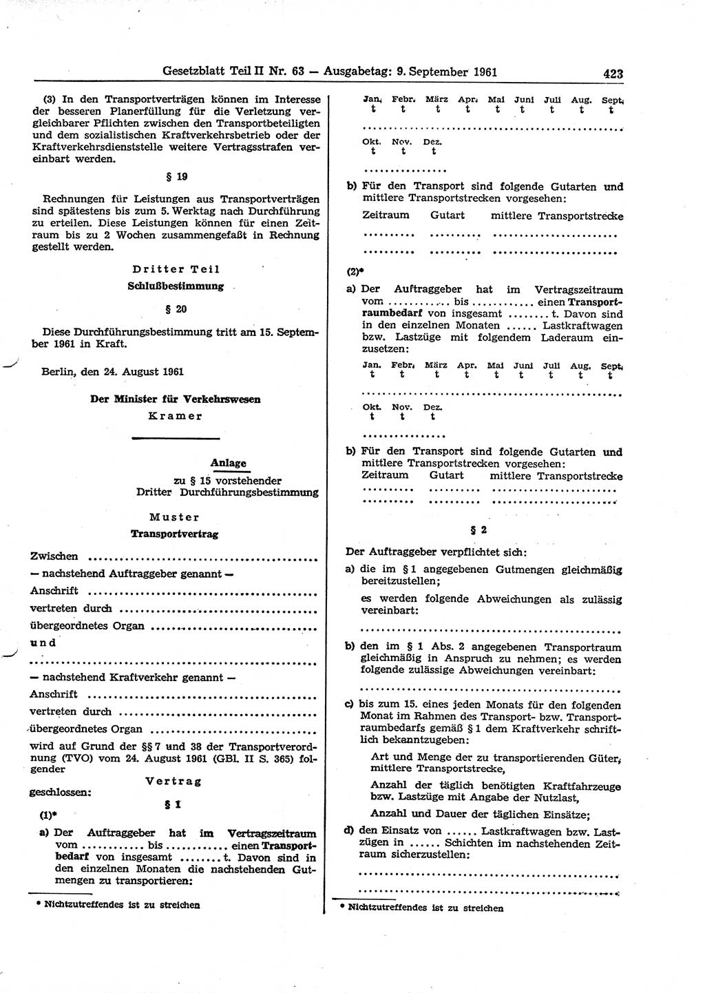 Gesetzblatt (GBl.) der Deutschen Demokratischen Republik (DDR) Teil ⅠⅠ 1961, Seite 423 (GBl. DDR ⅠⅠ 1961, S. 423)