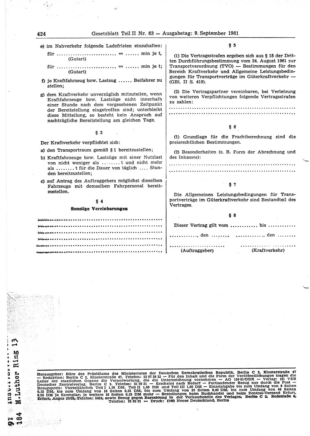 Gesetzblatt (GBl.) der Deutschen Demokratischen Republik (DDR) Teil ⅠⅠ 1961, Seite 424 (GBl. DDR ⅠⅠ 1961, S. 424)