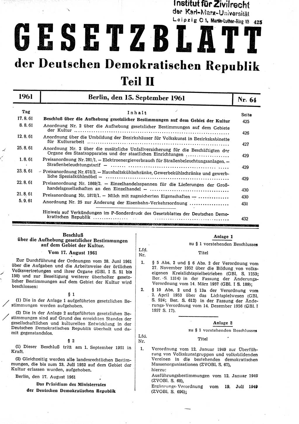 Gesetzblatt (GBl.) der Deutschen Demokratischen Republik (DDR) Teil ⅠⅠ 1961, Seite 425 (GBl. DDR ⅠⅠ 1961, S. 425)