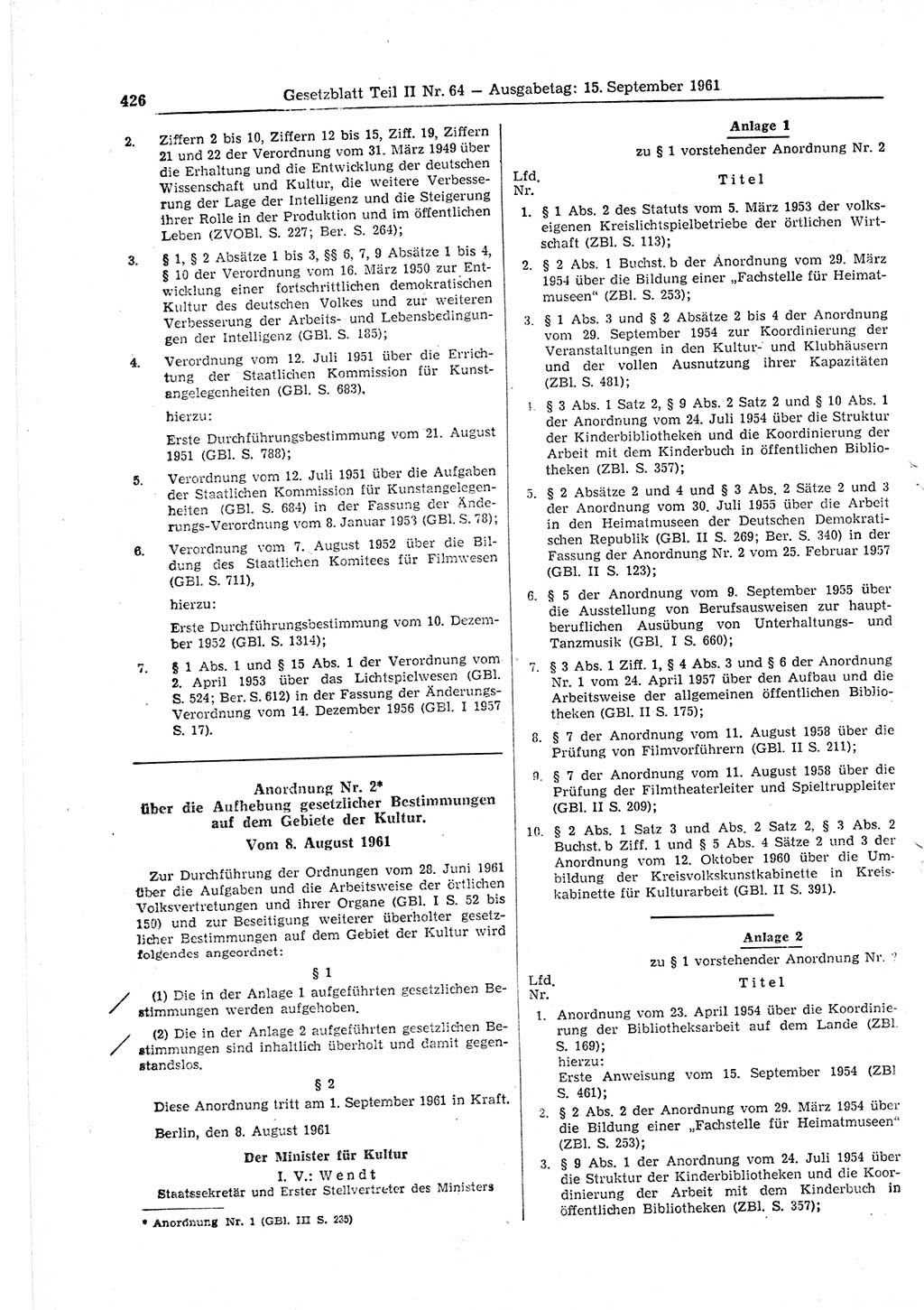 Gesetzblatt (GBl.) der Deutschen Demokratischen Republik (DDR) Teil ⅠⅠ 1961, Seite 426 (GBl. DDR ⅠⅠ 1961, S. 426)
