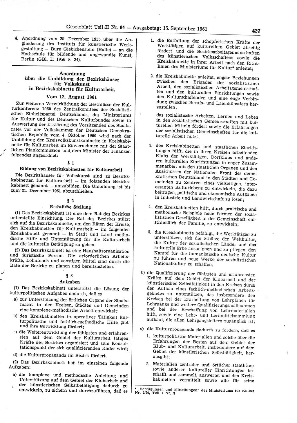 Gesetzblatt (GBl.) der Deutschen Demokratischen Republik (DDR) Teil ⅠⅠ 1961, Seite 427 (GBl. DDR ⅠⅠ 1961, S. 427)