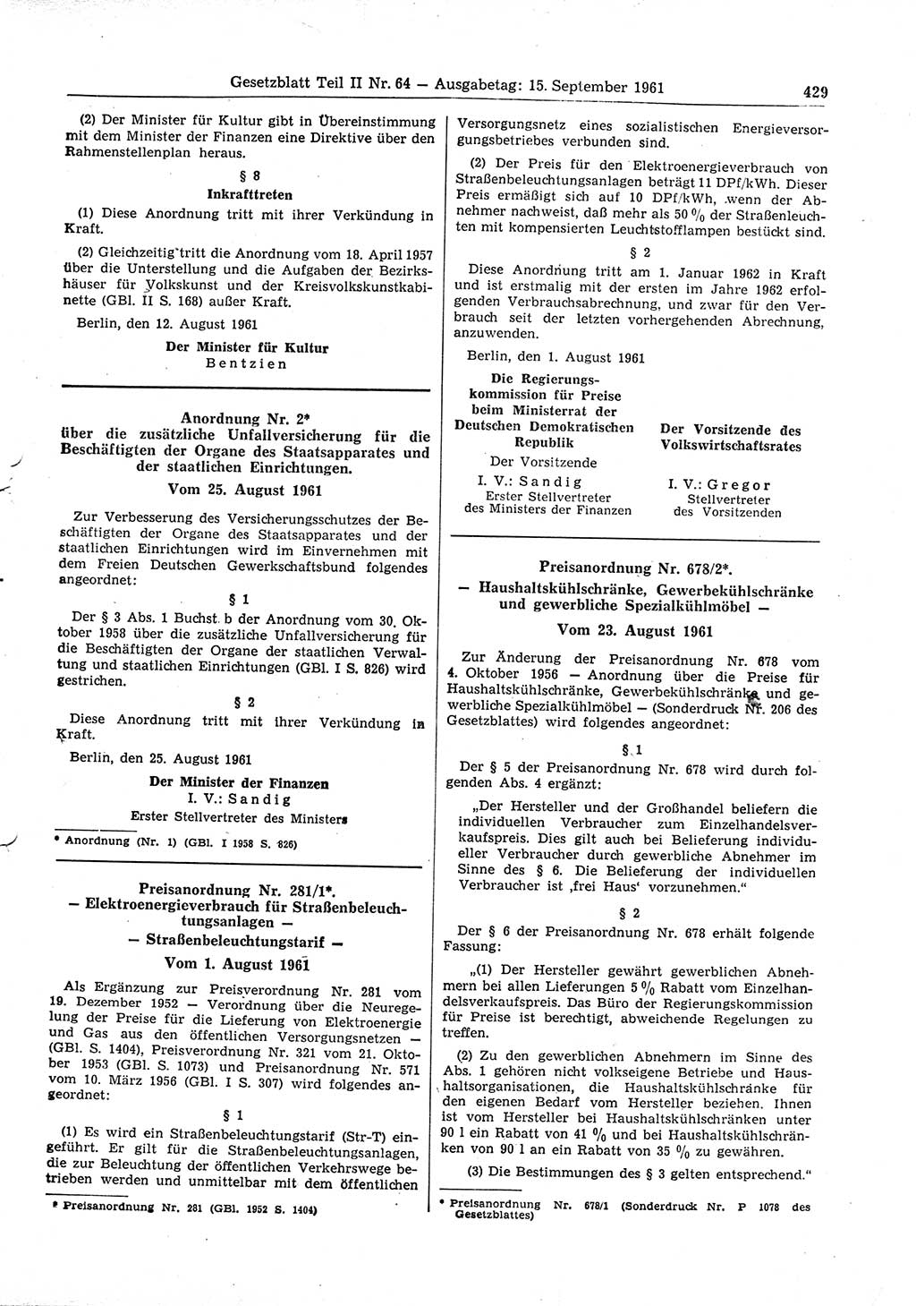 Gesetzblatt (GBl.) der Deutschen Demokratischen Republik (DDR) Teil ⅠⅠ 1961, Seite 429 (GBl. DDR ⅠⅠ 1961, S. 429)