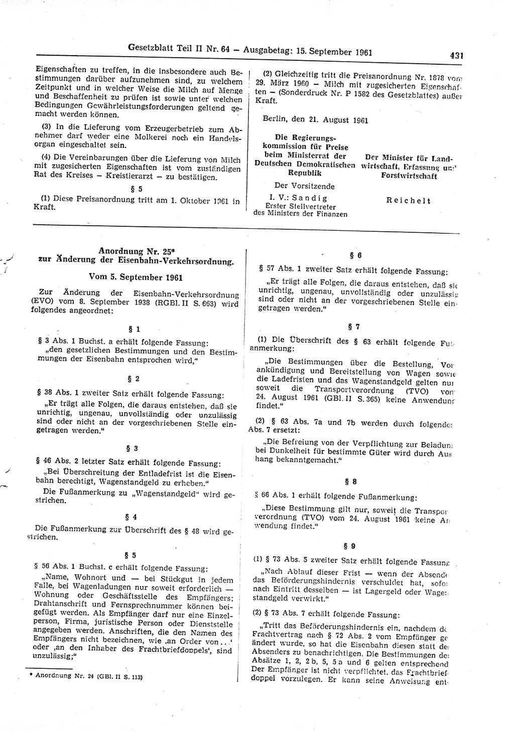 Gesetzblatt (GBl.) der Deutschen Demokratischen Republik (DDR) Teil ⅠⅠ 1961, Seite 431 (GBl. DDR ⅠⅠ 1961, S. 431)
