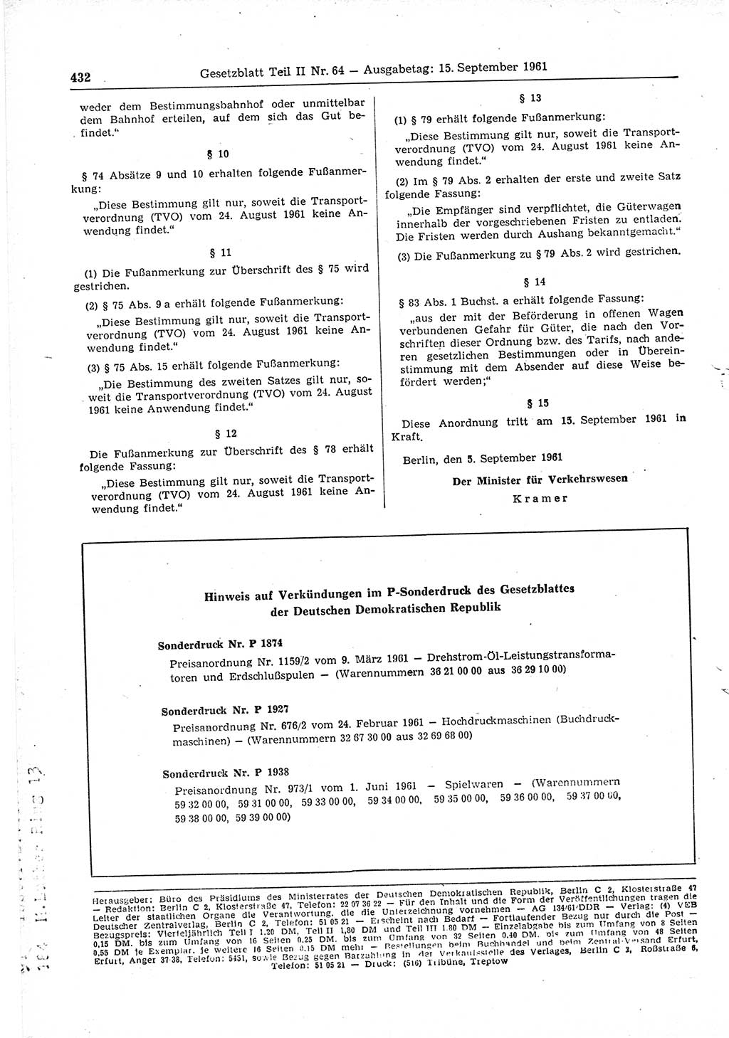 Gesetzblatt (GBl.) der Deutschen Demokratischen Republik (DDR) Teil ⅠⅠ 1961, Seite 432 (GBl. DDR ⅠⅠ 1961, S. 432)