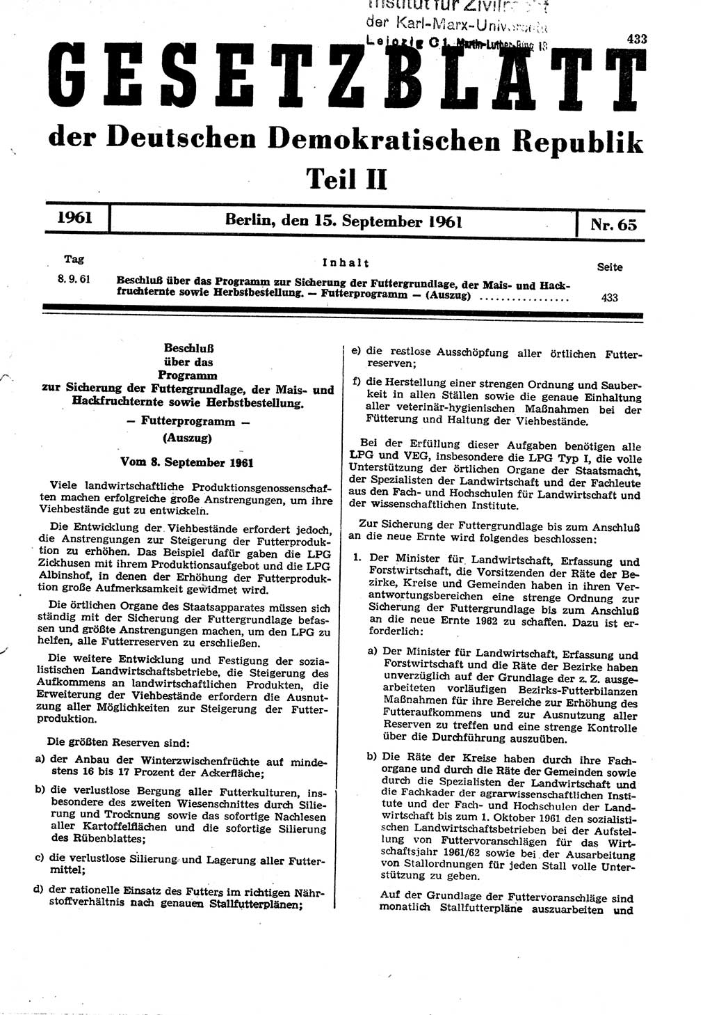 Gesetzblatt (GBl.) der Deutschen Demokratischen Republik (DDR) Teil ⅠⅠ 1961, Seite 433 (GBl. DDR ⅠⅠ 1961, S. 433)