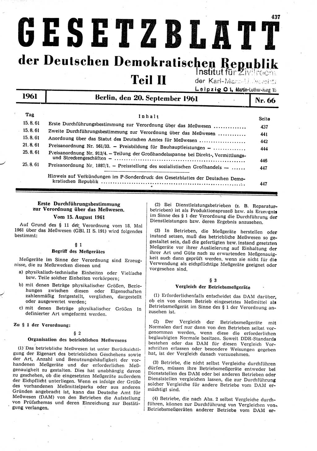 Gesetzblatt (GBl.) der Deutschen Demokratischen Republik (DDR) Teil ⅠⅠ 1961, Seite 437 (GBl. DDR ⅠⅠ 1961, S. 437)