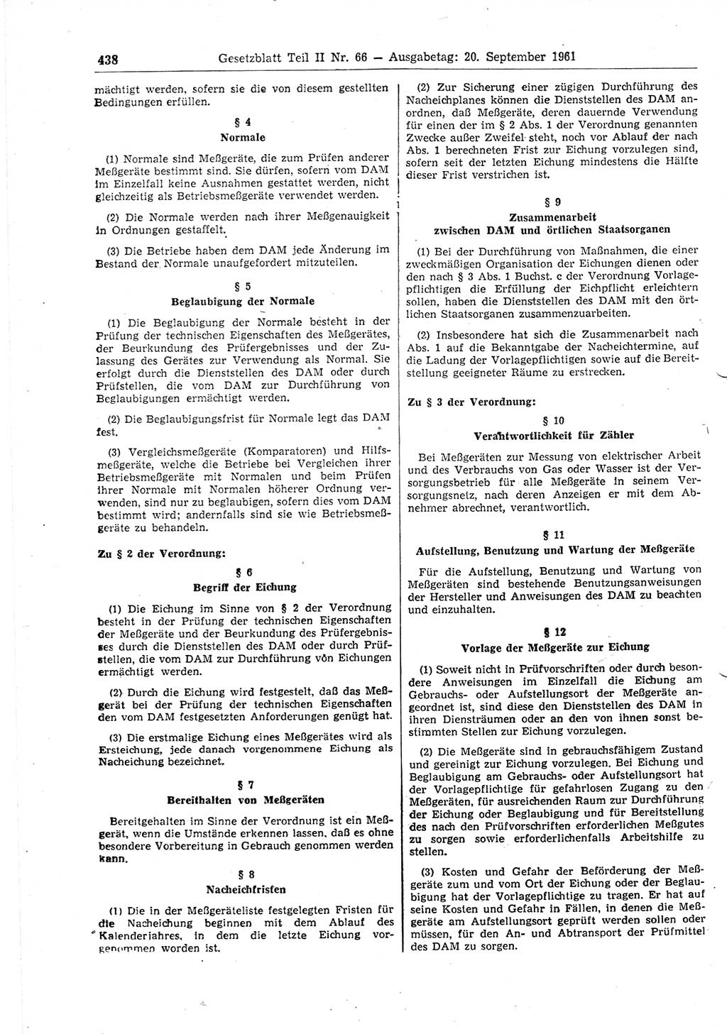 Gesetzblatt (GBl.) der Deutschen Demokratischen Republik (DDR) Teil ⅠⅠ 1961, Seite 438 (GBl. DDR ⅠⅠ 1961, S. 438)
