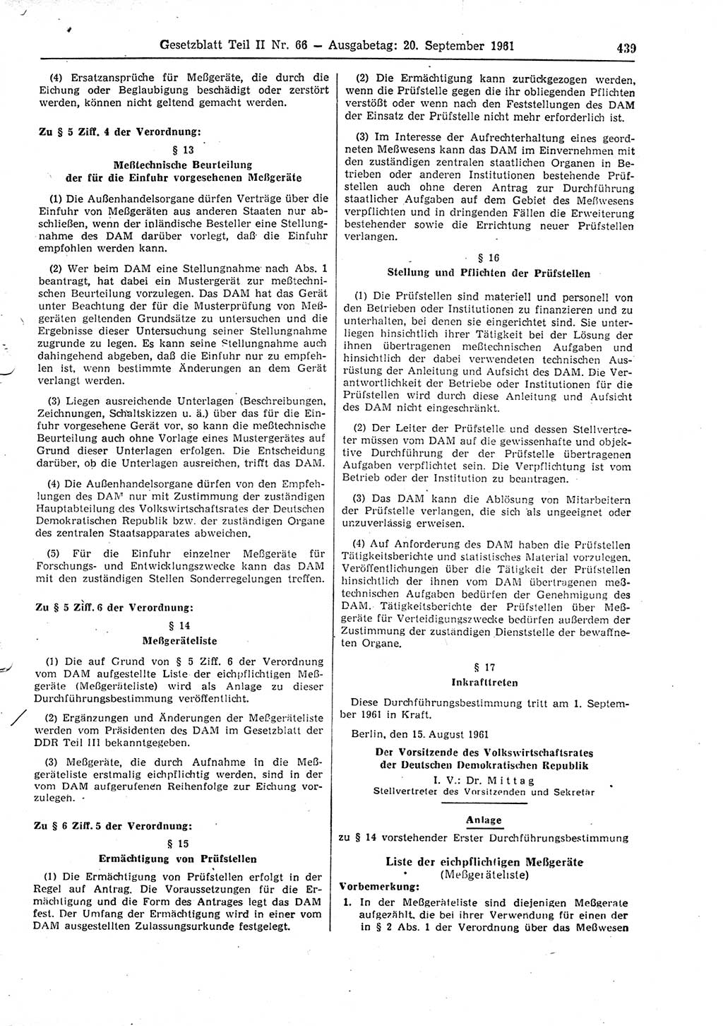 Gesetzblatt (GBl.) der Deutschen Demokratischen Republik (DDR) Teil ⅠⅠ 1961, Seite 439 (GBl. DDR ⅠⅠ 1961, S. 439)