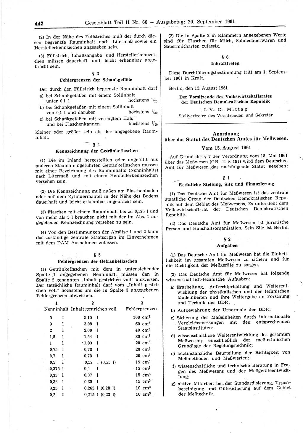 Gesetzblatt (GBl.) der Deutschen Demokratischen Republik (DDR) Teil ⅠⅠ 1961, Seite 442 (GBl. DDR ⅠⅠ 1961, S. 442)