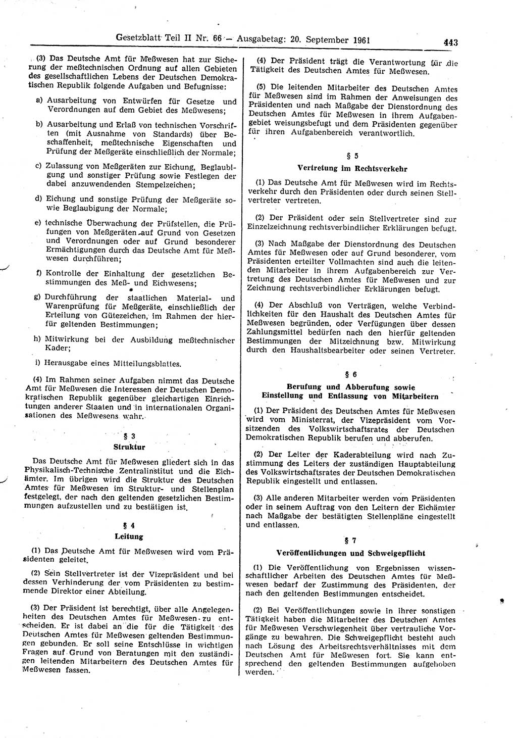 Gesetzblatt (GBl.) der Deutschen Demokratischen Republik (DDR) Teil ⅠⅠ 1961, Seite 443 (GBl. DDR ⅠⅠ 1961, S. 443)