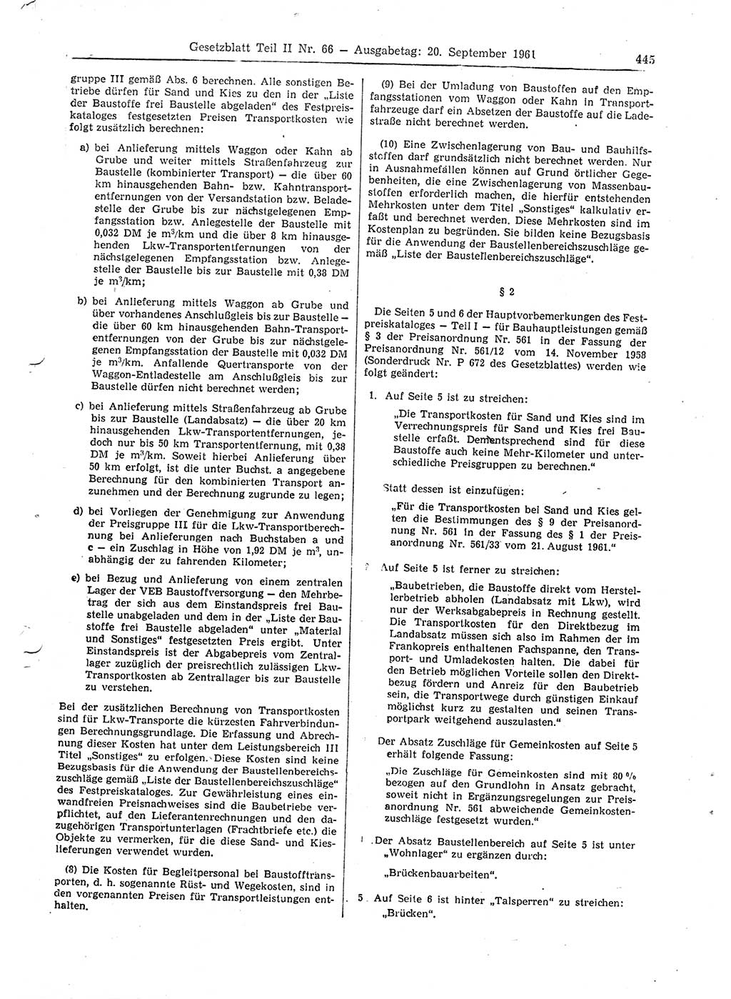 Gesetzblatt (GBl.) der Deutschen Demokratischen Republik (DDR) Teil ⅠⅠ 1961, Seite 445 (GBl. DDR ⅠⅠ 1961, S. 445)