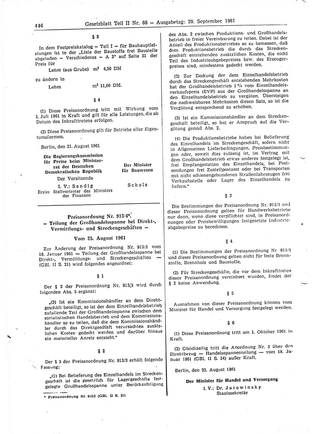 Gesetzblatt (GBl.) der Deutschen Demokratischen Republik (DDR) Teil ⅠⅠ 1961, Seite 446 (GBl. DDR ⅠⅠ 1961, S. 446)