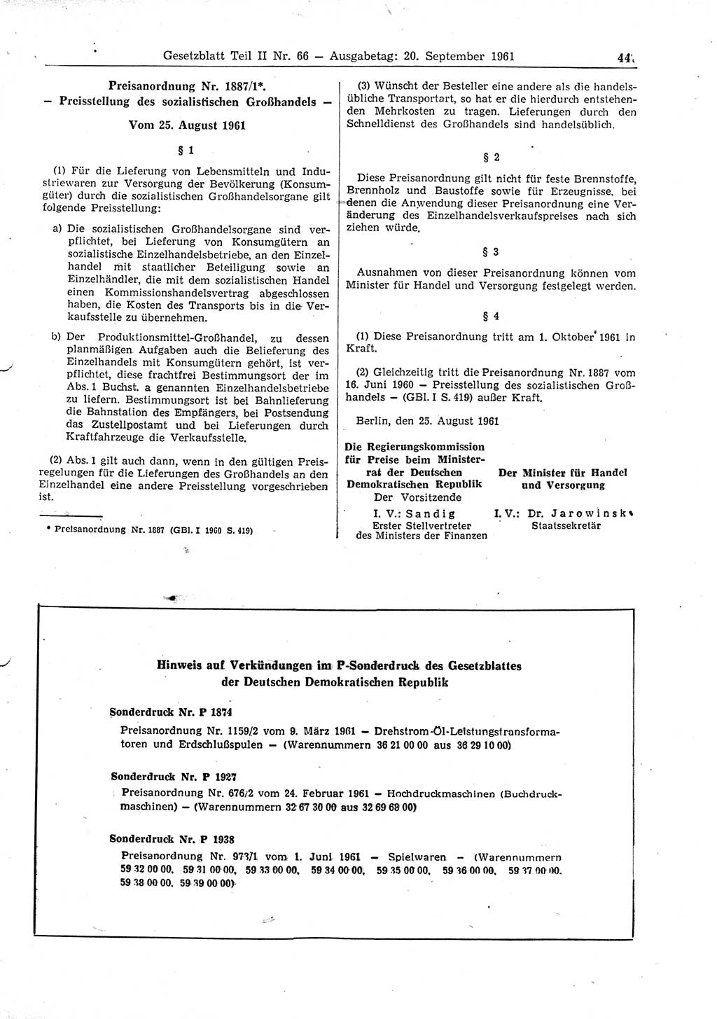 Gesetzblatt (GBl.) der Deutschen Demokratischen Republik (DDR) Teil ⅠⅠ 1961, Seite 447 (GBl. DDR ⅠⅠ 1961, S. 447)