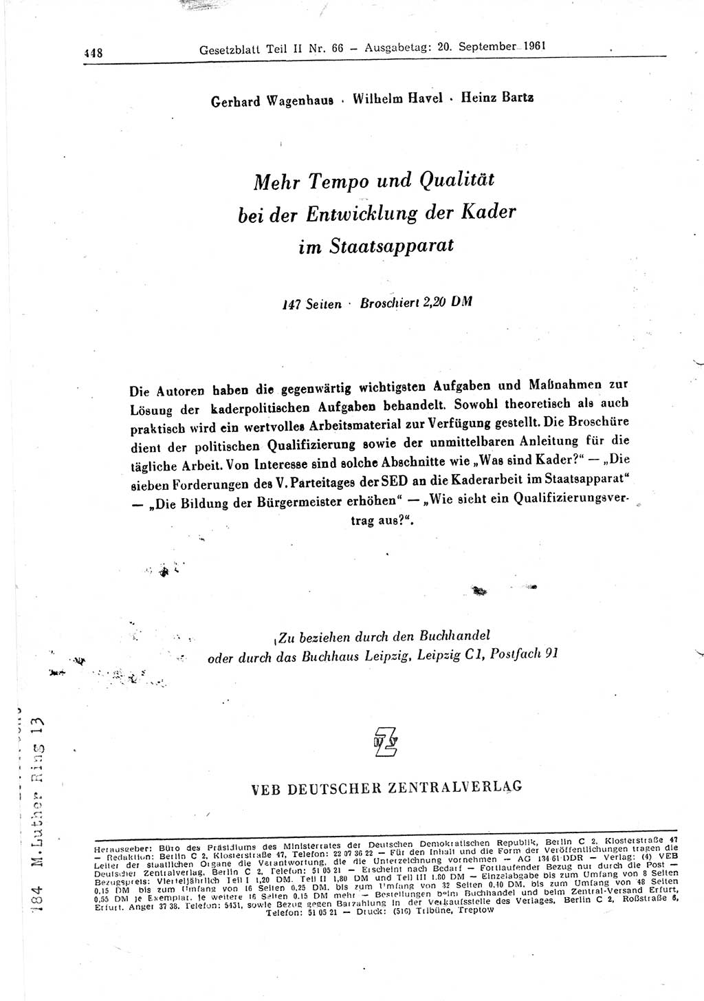 Gesetzblatt (GBl.) der Deutschen Demokratischen Republik (DDR) Teil ⅠⅠ 1961, Seite 448 (GBl. DDR ⅠⅠ 1961, S. 448)