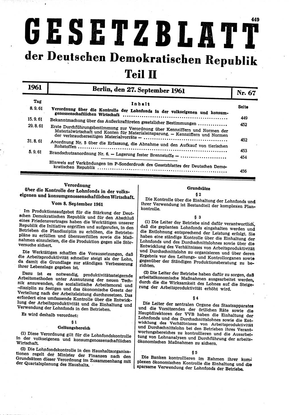 Gesetzblatt (GBl.) der Deutschen Demokratischen Republik (DDR) Teil ⅠⅠ 1961, Seite 449 (GBl. DDR ⅠⅠ 1961, S. 449)
