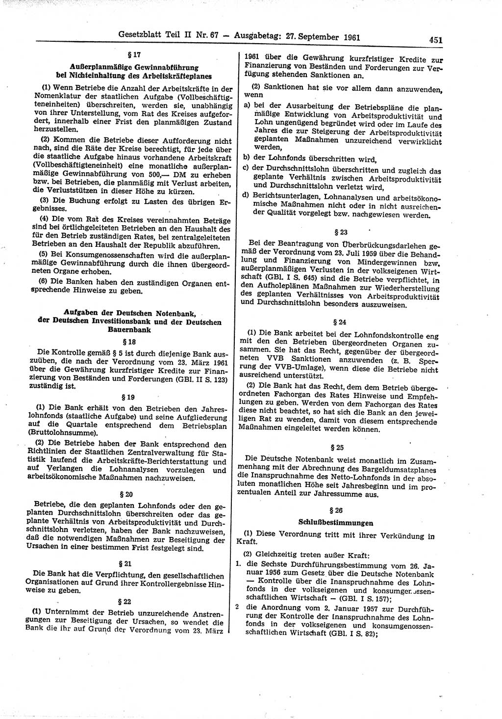 Gesetzblatt (GBl.) der Deutschen Demokratischen Republik (DDR) Teil ⅠⅠ 1961, Seite 451 (GBl. DDR ⅠⅠ 1961, S. 451)