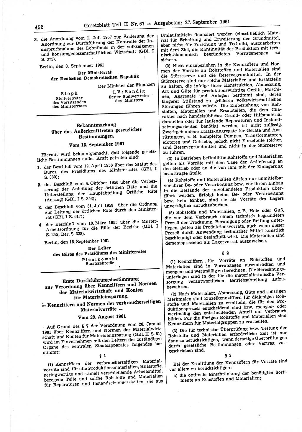 Gesetzblatt (GBl.) der Deutschen Demokratischen Republik (DDR) Teil ⅠⅠ 1961, Seite 452 (GBl. DDR ⅠⅠ 1961, S. 452)