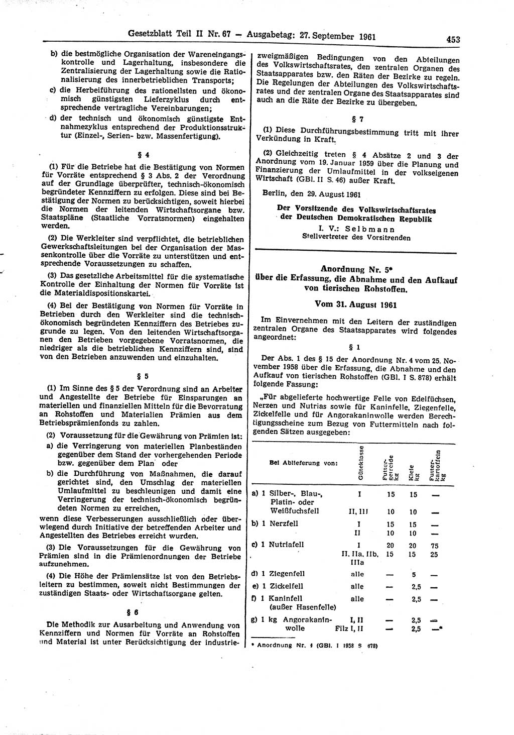 Gesetzblatt (GBl.) der Deutschen Demokratischen Republik (DDR) Teil ⅠⅠ 1961, Seite 453 (GBl. DDR ⅠⅠ 1961, S. 453)