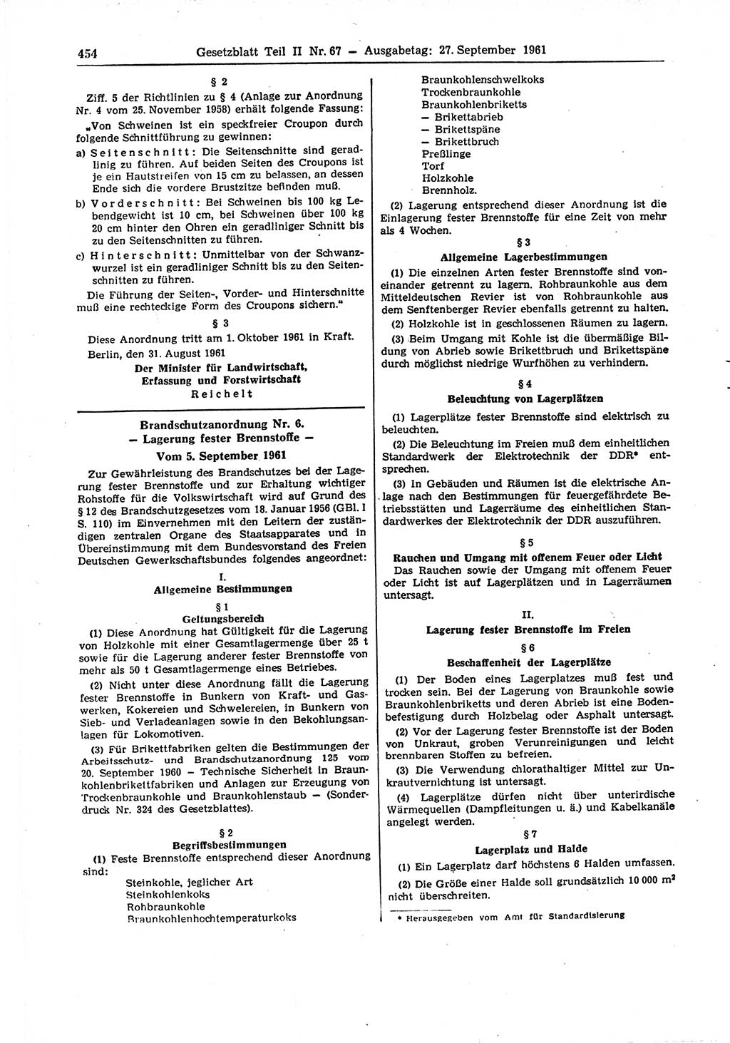 Gesetzblatt (GBl.) der Deutschen Demokratischen Republik (DDR) Teil ⅠⅠ 1961, Seite 454 (GBl. DDR ⅠⅠ 1961, S. 454)