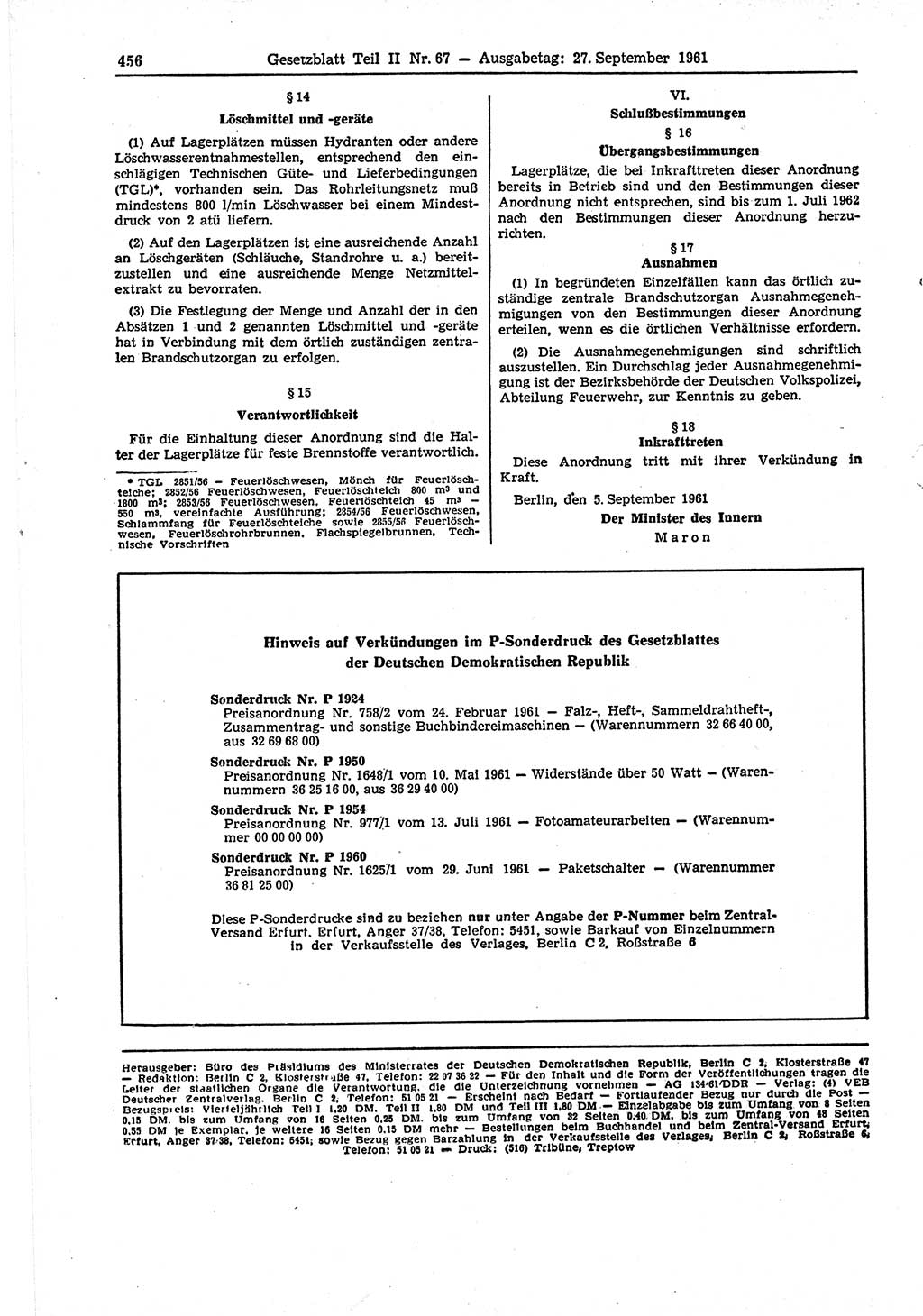 Gesetzblatt (GBl.) der Deutschen Demokratischen Republik (DDR) Teil ⅠⅠ 1961, Seite 456 (GBl. DDR ⅠⅠ 1961, S. 456)