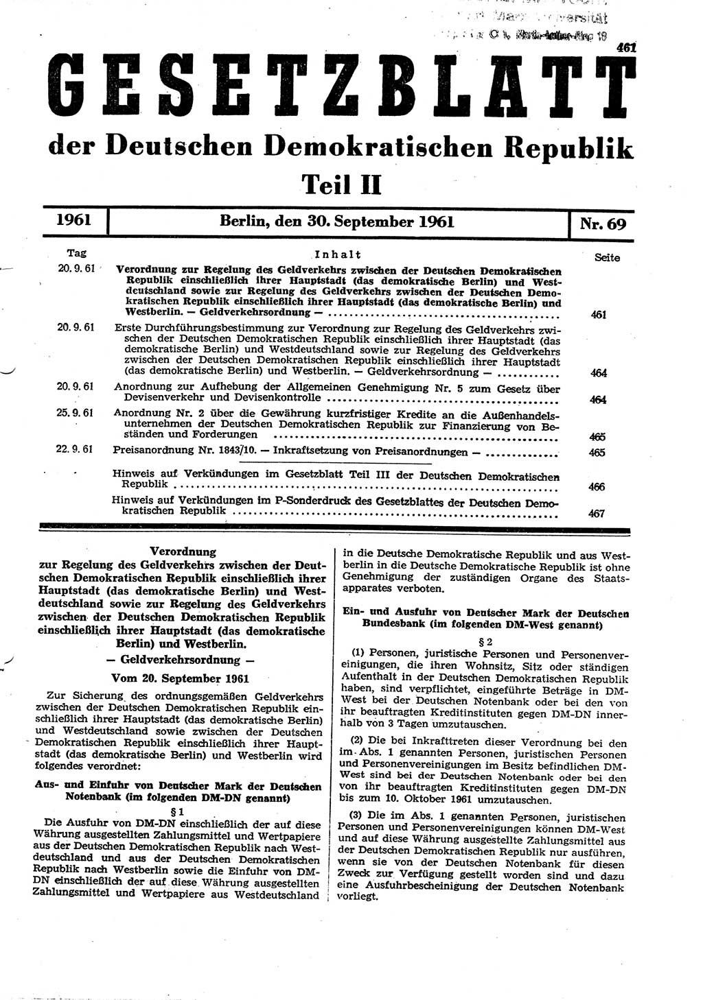 Gesetzblatt (GBl.) der Deutschen Demokratischen Republik (DDR) Teil ⅠⅠ 1961, Seite 461 (GBl. DDR ⅠⅠ 1961, S. 461)
