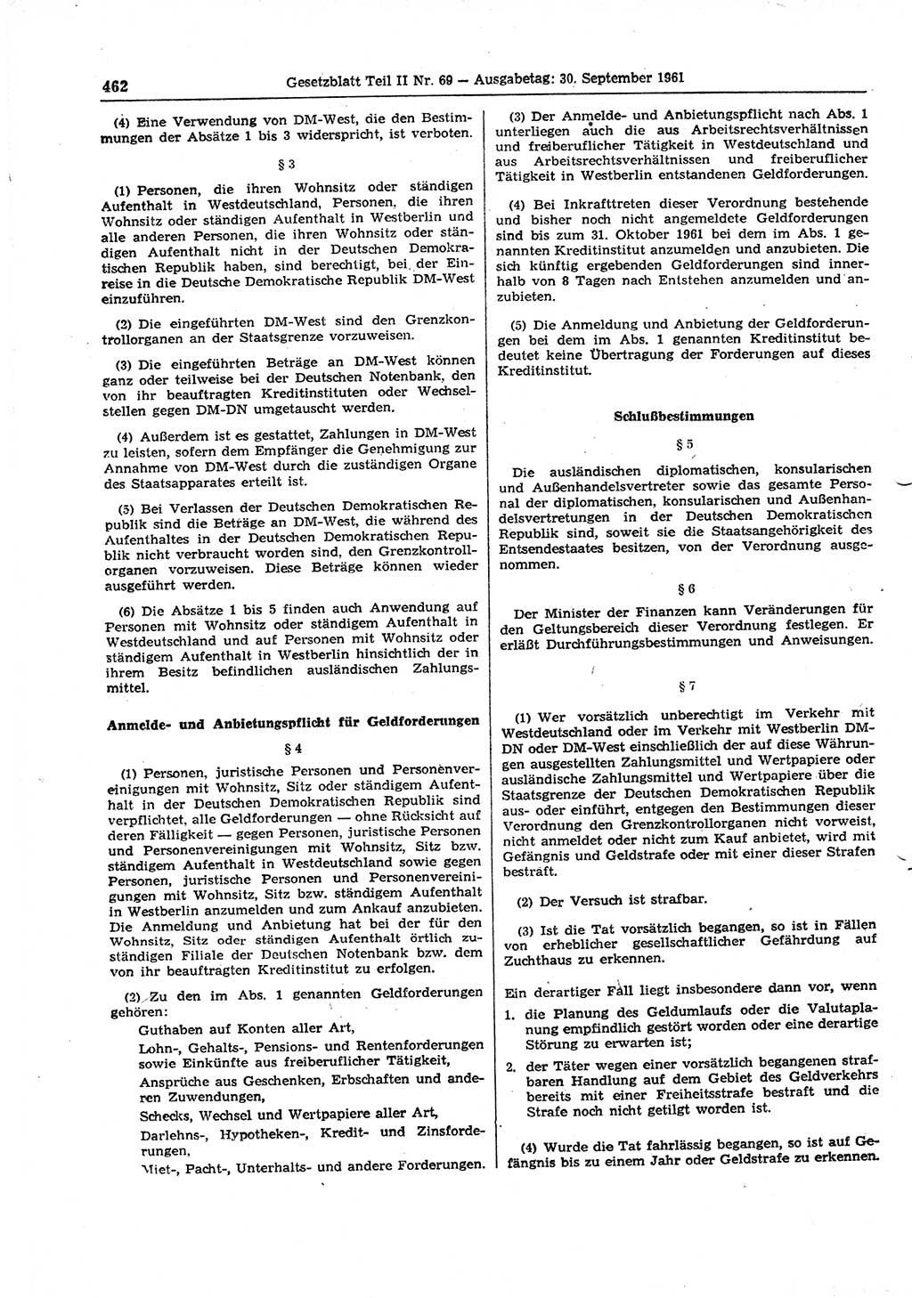 Gesetzblatt (GBl.) der Deutschen Demokratischen Republik (DDR) Teil ⅠⅠ 1961, Seite 462 (GBl. DDR ⅠⅠ 1961, S. 462)
