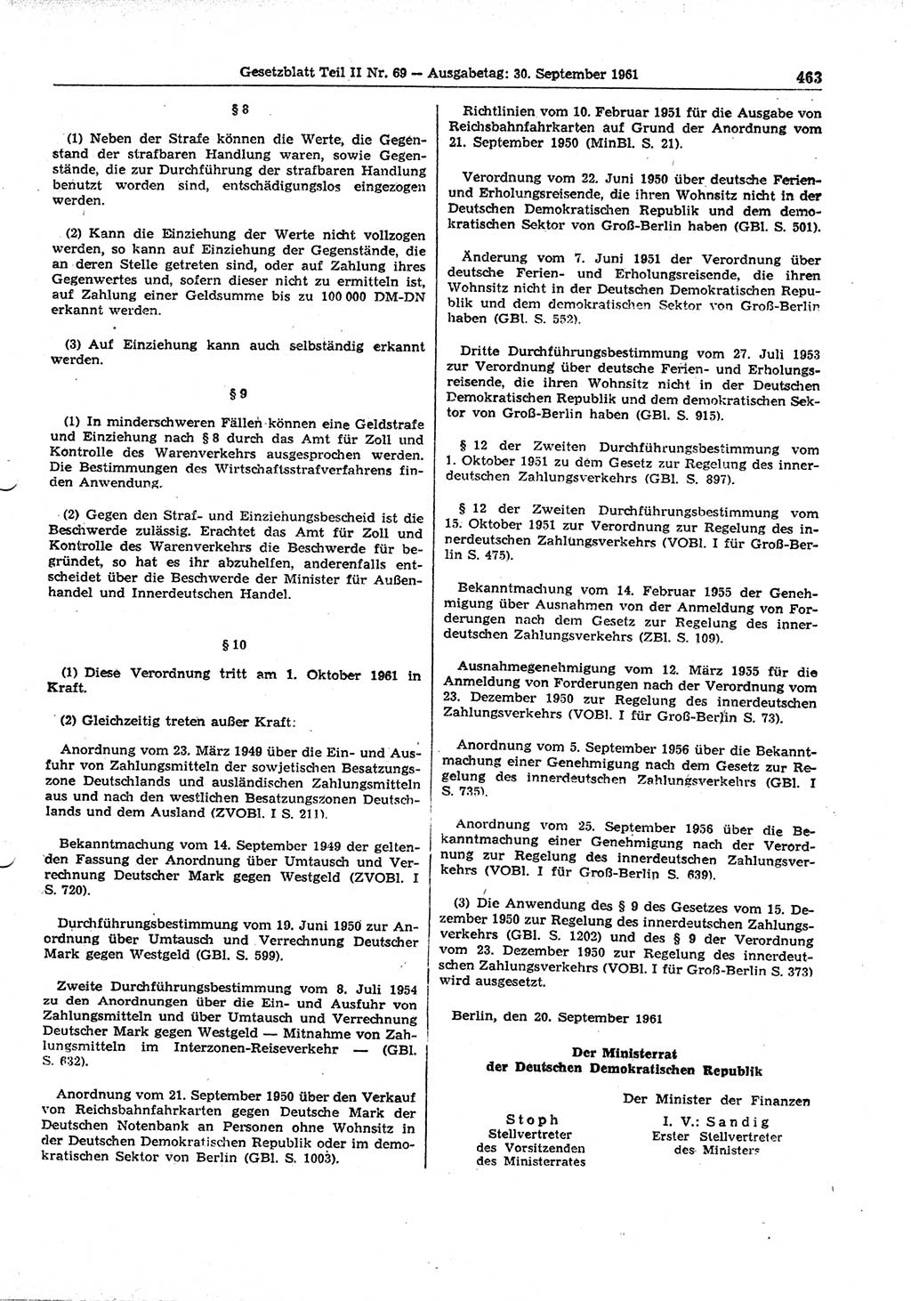 Gesetzblatt (GBl.) der Deutschen Demokratischen Republik (DDR) Teil ⅠⅠ 1961, Seite 463 (GBl. DDR ⅠⅠ 1961, S. 463)