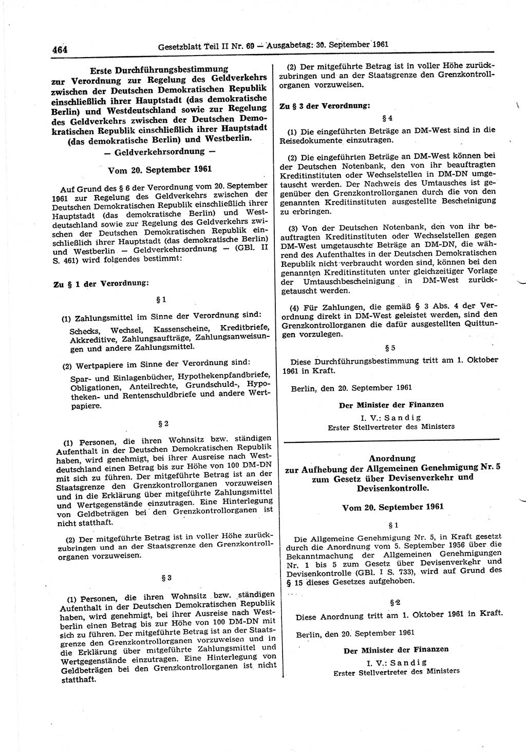 Gesetzblatt (GBl.) der Deutschen Demokratischen Republik (DDR) Teil ⅠⅠ 1961, Seite 464 (GBl. DDR ⅠⅠ 1961, S. 464)