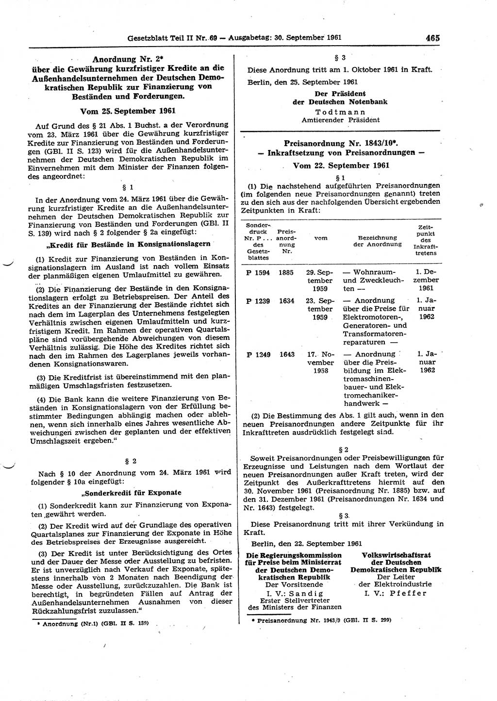 Gesetzblatt (GBl.) der Deutschen Demokratischen Republik (DDR) Teil ⅠⅠ 1961, Seite 465 (GBl. DDR ⅠⅠ 1961, S. 465)