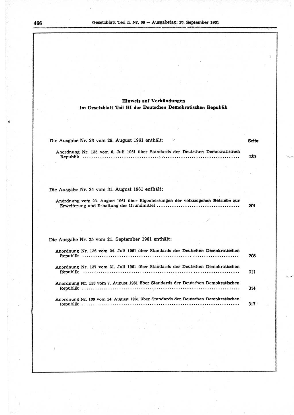 Gesetzblatt (GBl.) der Deutschen Demokratischen Republik (DDR) Teil ⅠⅠ 1961, Seite 466 (GBl. DDR ⅠⅠ 1961, S. 466)