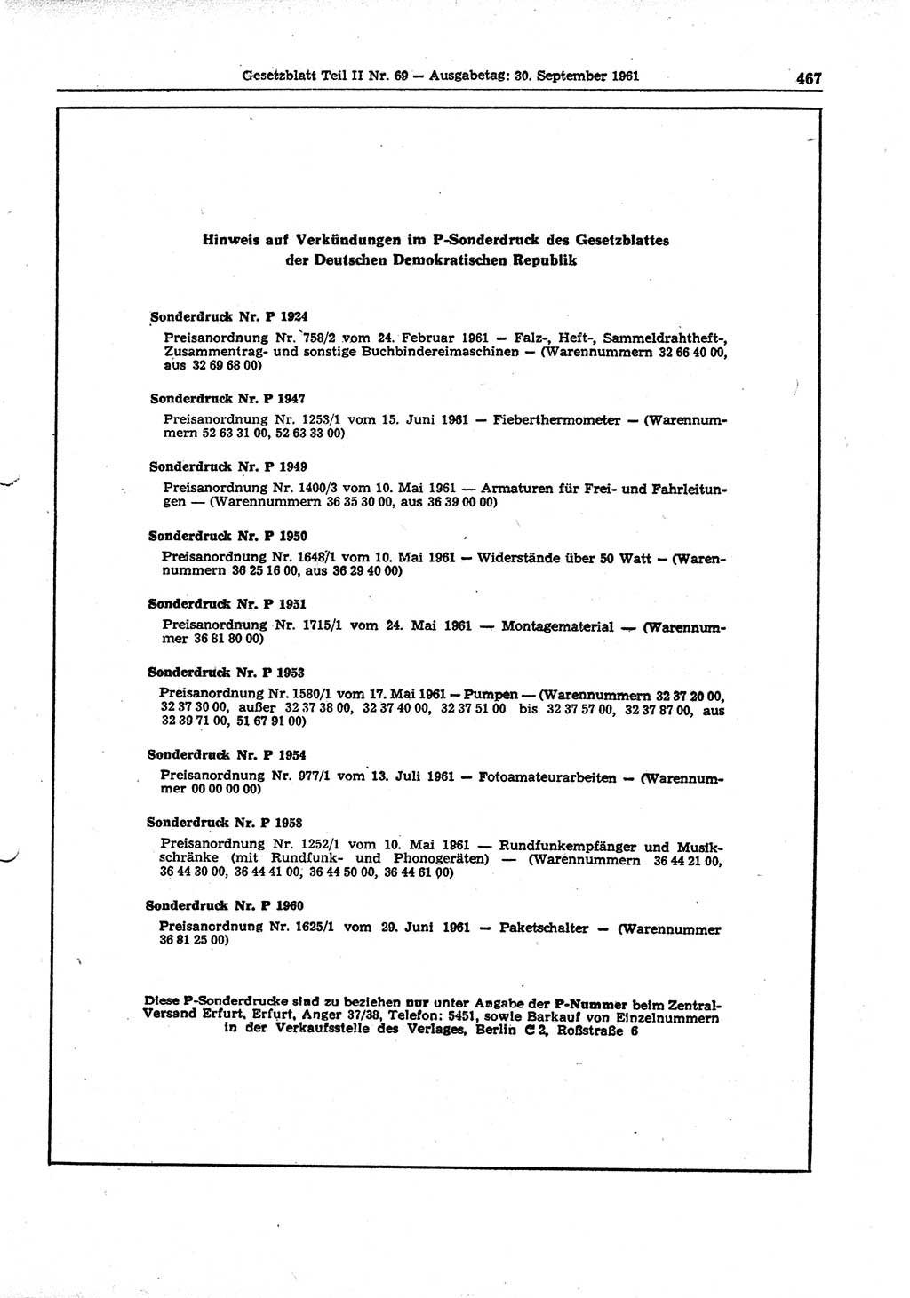 Gesetzblatt (GBl.) der Deutschen Demokratischen Republik (DDR) Teil ⅠⅠ 1961, Seite 467 (GBl. DDR ⅠⅠ 1961, S. 467)