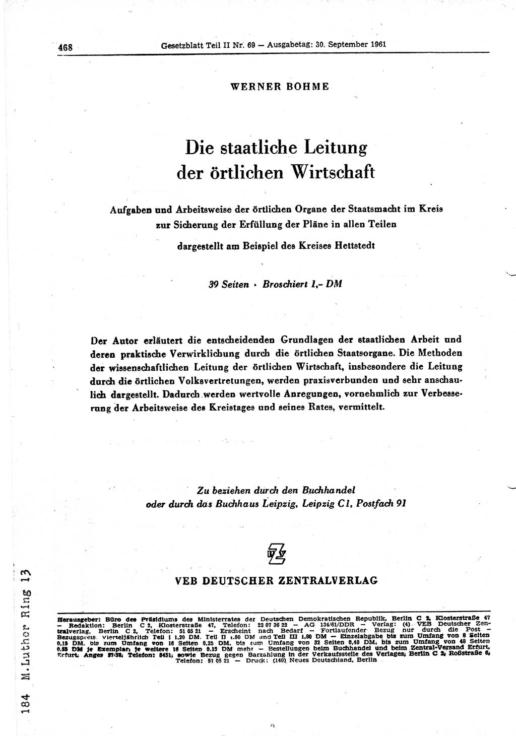 Gesetzblatt (GBl.) der Deutschen Demokratischen Republik (DDR) Teil ⅠⅠ 1961, Seite 468 (GBl. DDR ⅠⅠ 1961, S. 468)