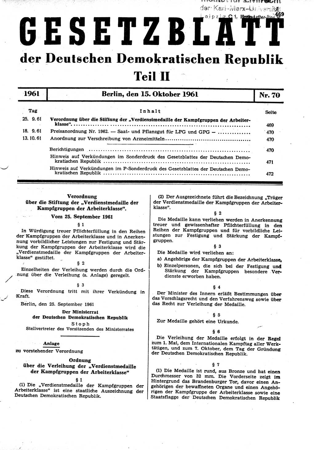 Gesetzblatt (GBl.) der Deutschen Demokratischen Republik (DDR) Teil ⅠⅠ 1961, Seite 469 (GBl. DDR ⅠⅠ 1961, S. 469)