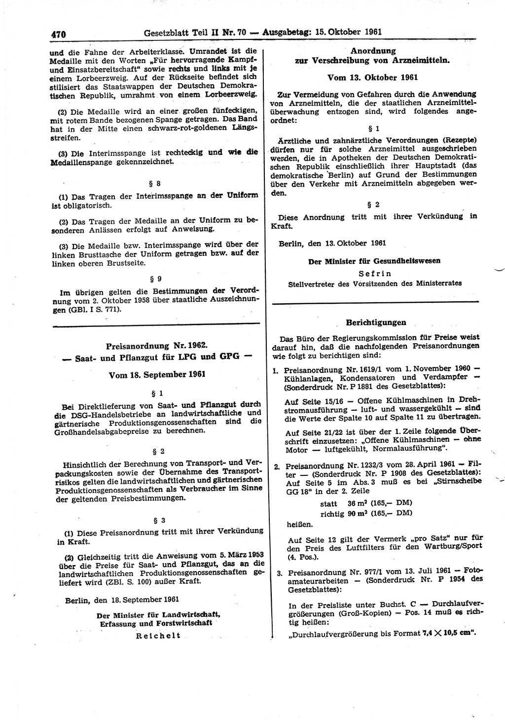 Gesetzblatt (GBl.) der Deutschen Demokratischen Republik (DDR) Teil ⅠⅠ 1961, Seite 470 (GBl. DDR ⅠⅠ 1961, S. 470)