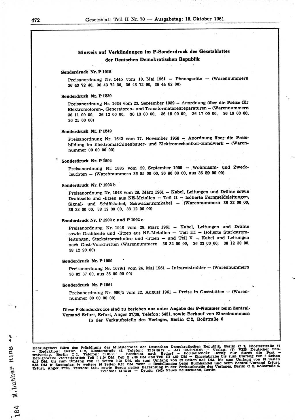 Gesetzblatt (GBl.) der Deutschen Demokratischen Republik (DDR) Teil ⅠⅠ 1961, Seite 472 (GBl. DDR ⅠⅠ 1961, S. 472)