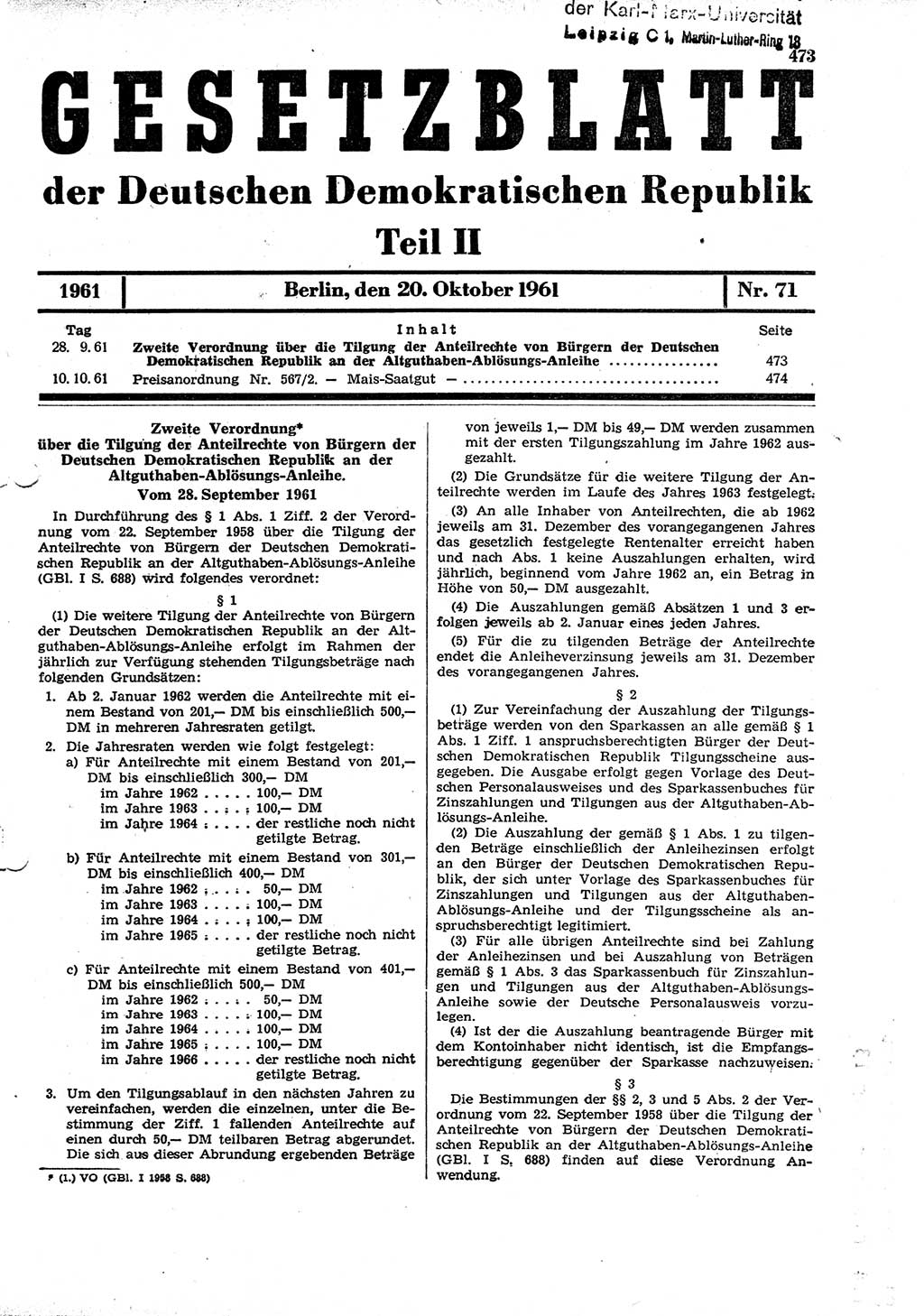 Gesetzblatt (GBl.) der Deutschen Demokratischen Republik (DDR) Teil ⅠⅠ 1961, Seite 473 (GBl. DDR ⅠⅠ 1961, S. 473)
