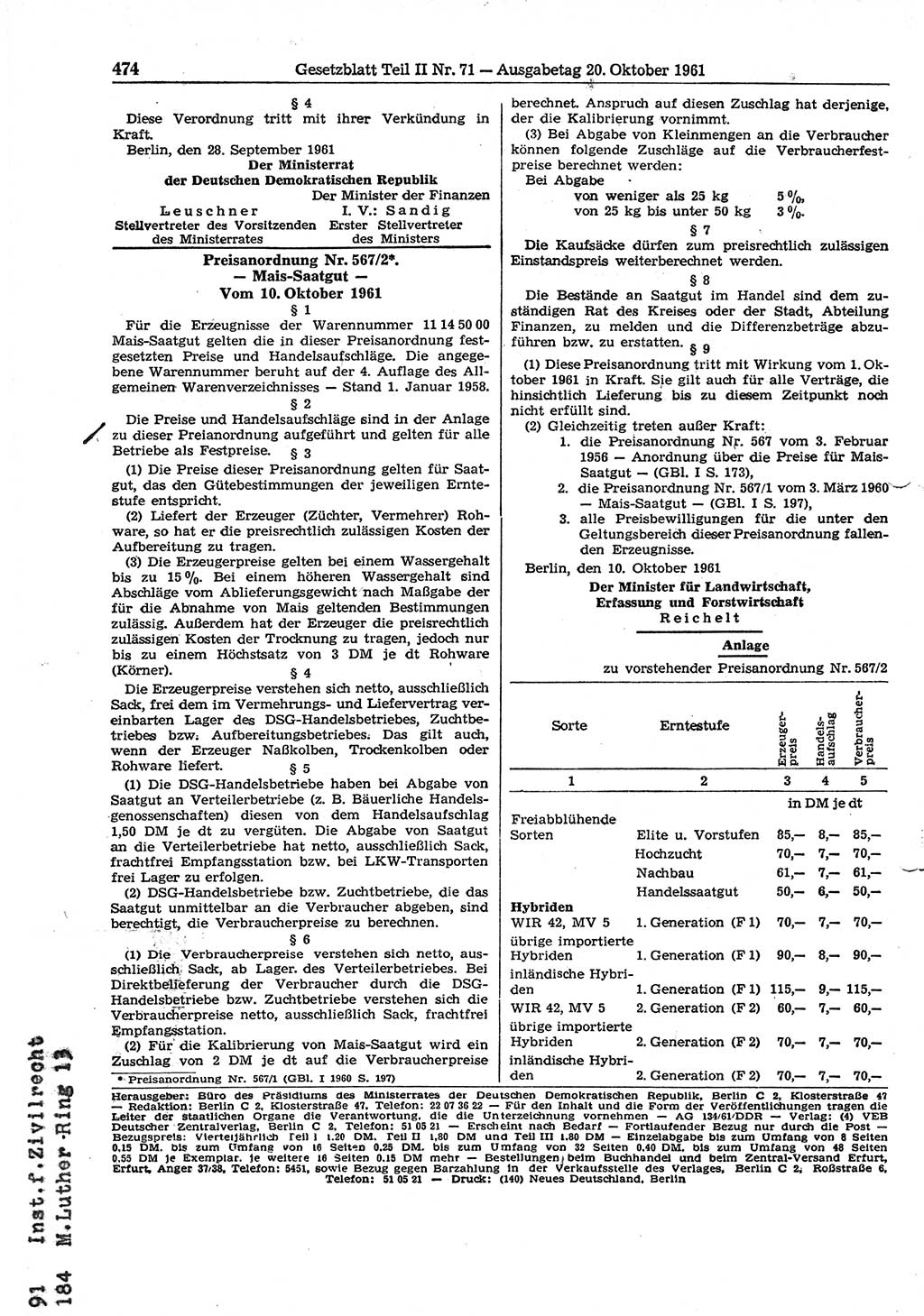 Gesetzblatt (GBl.) der Deutschen Demokratischen Republik (DDR) Teil ⅠⅠ 1961, Seite 474 (GBl. DDR ⅠⅠ 1961, S. 474)
