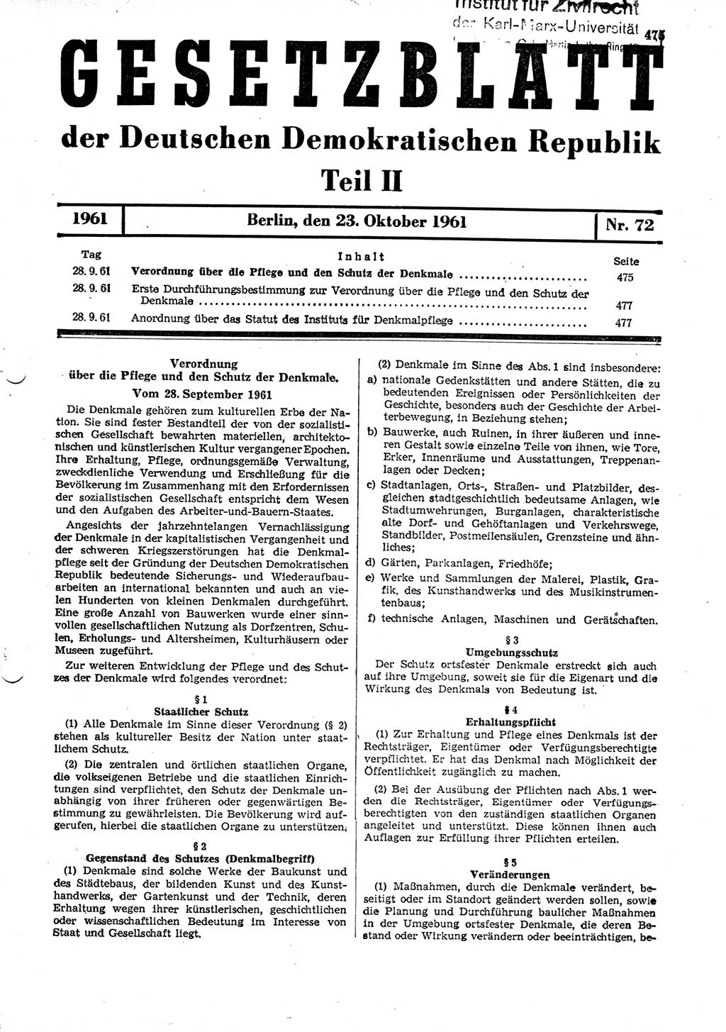 Gesetzblatt (GBl.) der Deutschen Demokratischen Republik (DDR) Teil ⅠⅠ 1961, Seite 475 (GBl. DDR ⅠⅠ 1961, S. 475)