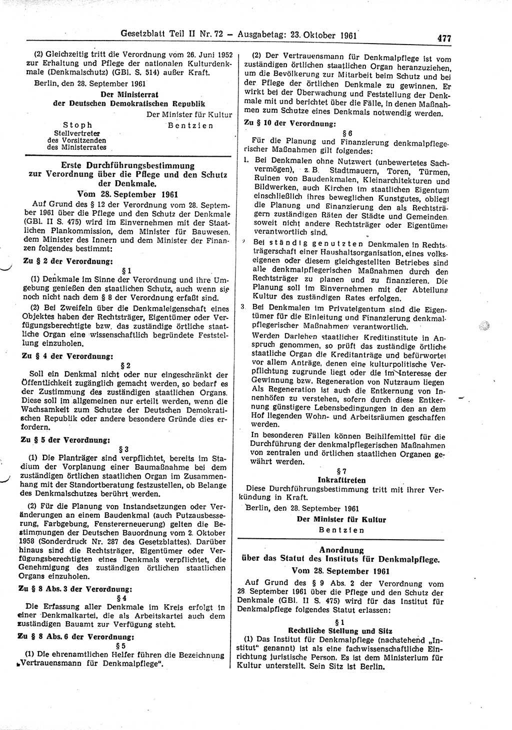 Gesetzblatt (GBl.) der Deutschen Demokratischen Republik (DDR) Teil ⅠⅠ 1961, Seite 477 (GBl. DDR ⅠⅠ 1961, S. 477)