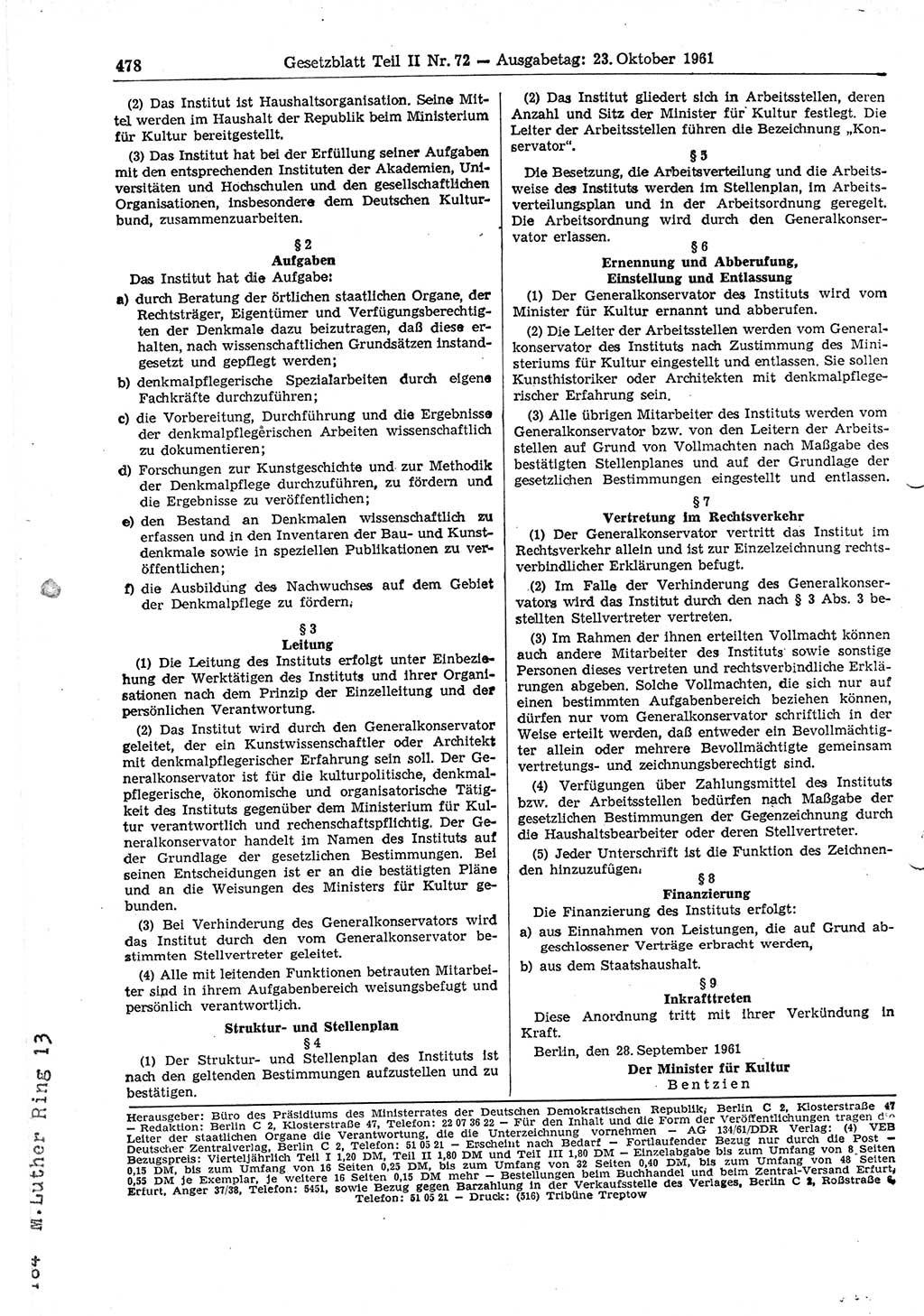 Gesetzblatt (GBl.) der Deutschen Demokratischen Republik (DDR) Teil ⅠⅠ 1961, Seite 478 (GBl. DDR ⅠⅠ 1961, S. 478)