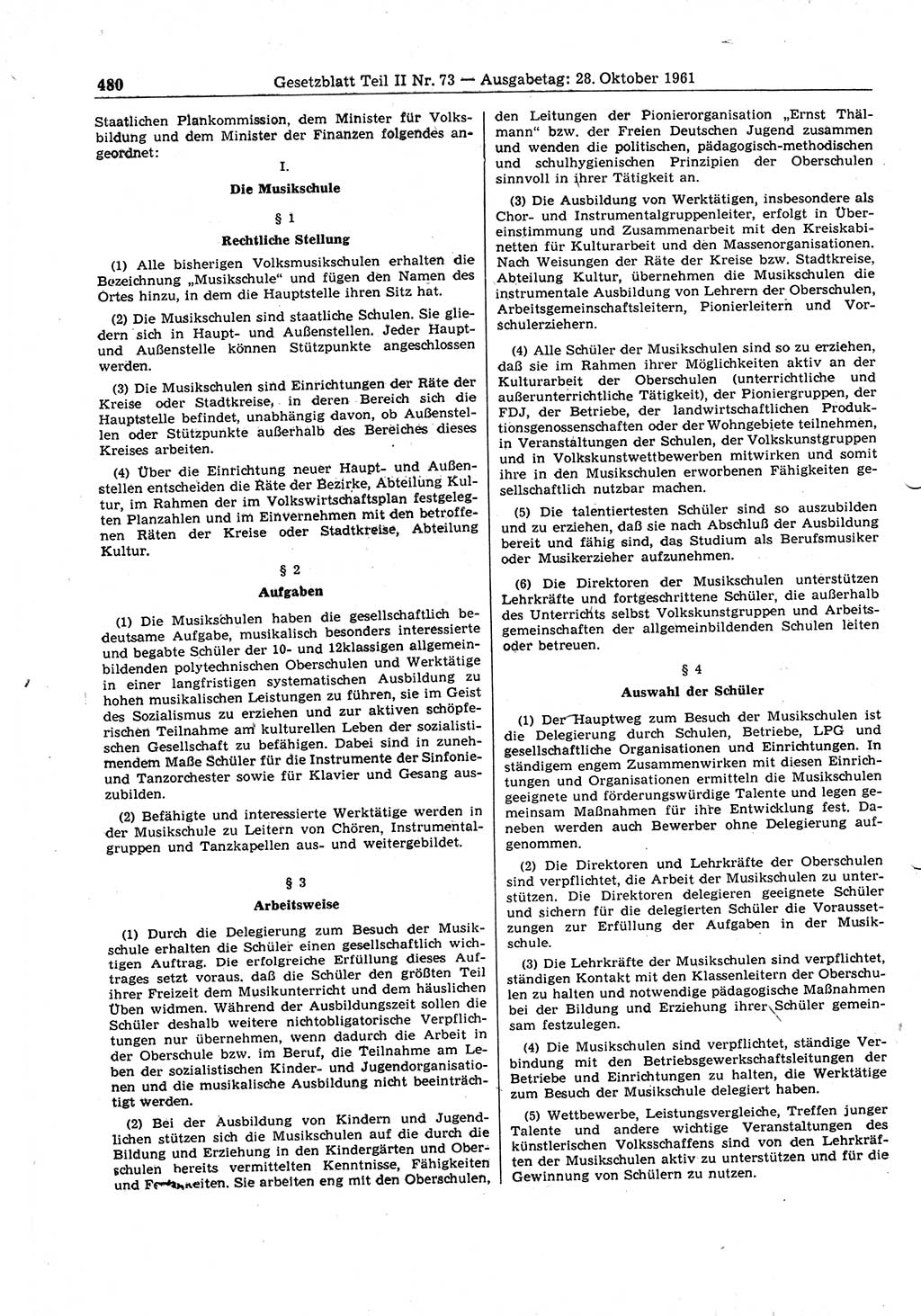 Gesetzblatt (GBl.) der Deutschen Demokratischen Republik (DDR) Teil ⅠⅠ 1961, Seite 480 (GBl. DDR ⅠⅠ 1961, S. 480)