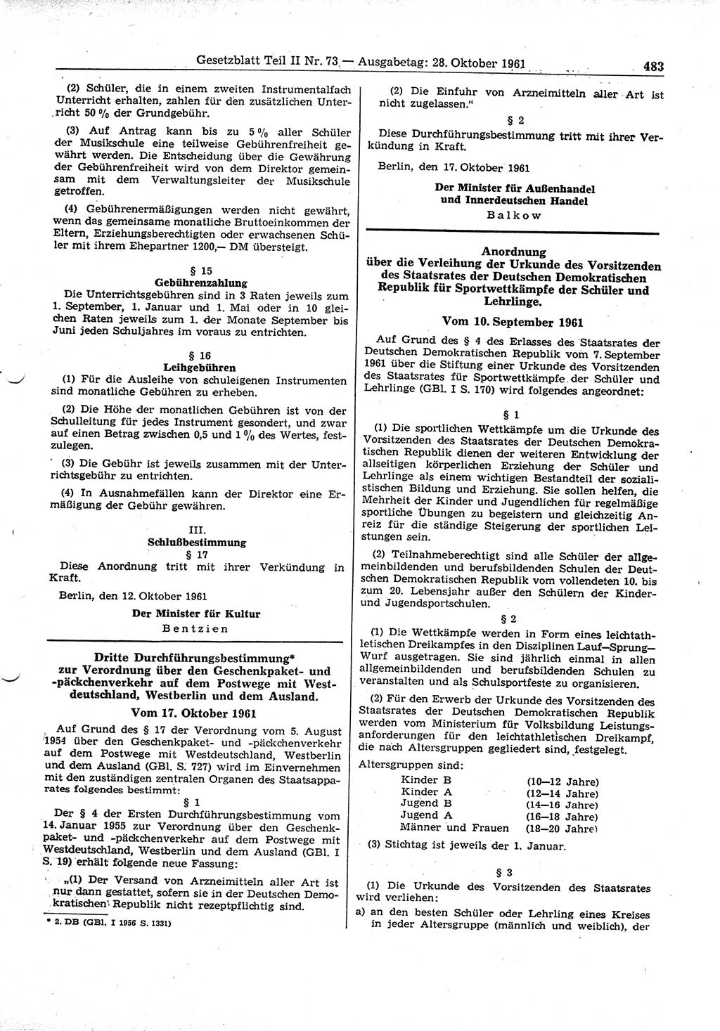 Gesetzblatt (GBl.) der Deutschen Demokratischen Republik (DDR) Teil ⅠⅠ 1961, Seite 483 (GBl. DDR ⅠⅠ 1961, S. 483)
