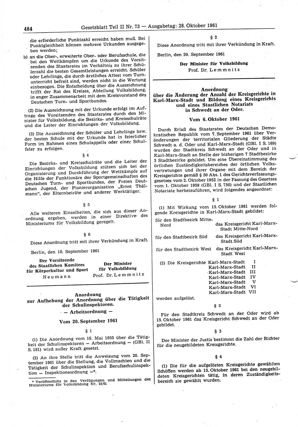 Gesetzblatt (GBl.) der Deutschen Demokratischen Republik (DDR) Teil ⅠⅠ 1961, Seite 484 (GBl. DDR ⅠⅠ 1961, S. 484)